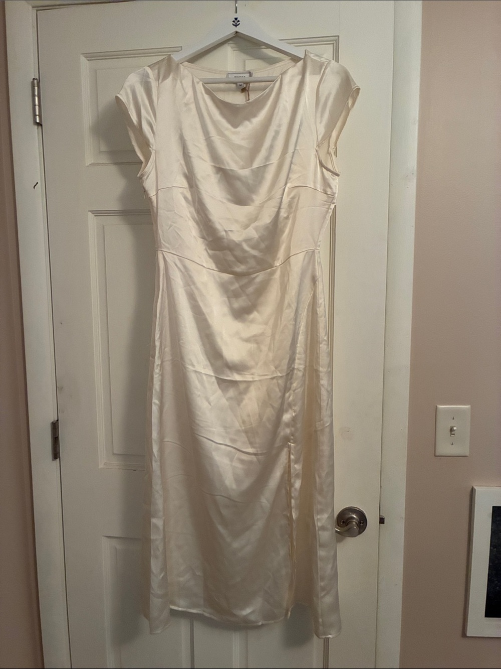 RIHOAS Ivory Satin Midi Dress with Cap Sleeves